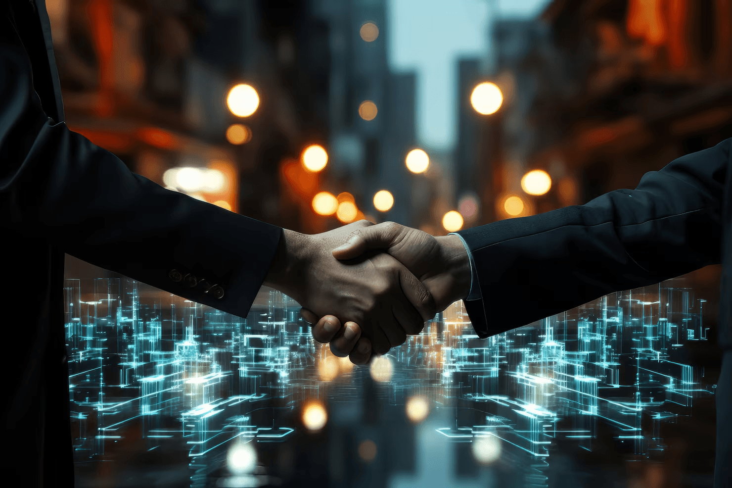 Business partners shaking hands over a connected digital network